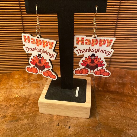 NWT Happy Thanksgiving Turkey Wooden Cut out Dangle Earrings Autumn - Picture 1 of 2